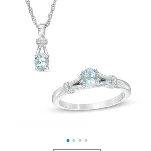 Oval Aquamarine and Diamond Accent necklace and Ring in Sterling Silver - Size 7